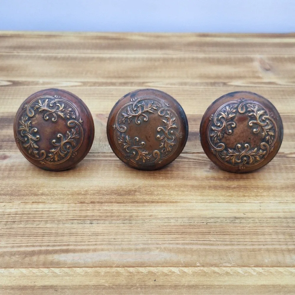 X3‎ Antique Ornate Embossed Door Knob Set Of 3 Metal Vintage Stamped Knobs